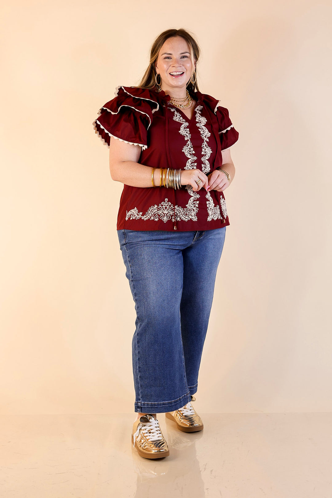 Graceful Details Embroidered Short Sleeve Top with Layered Flutter Sleeves in Maroon