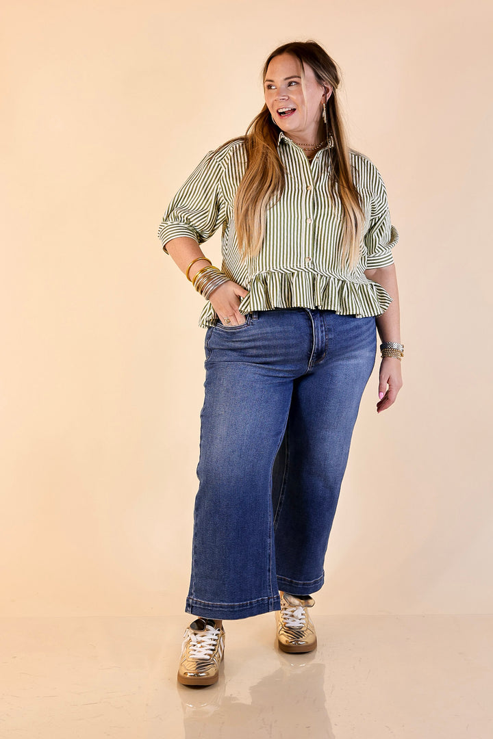 Style Agenda Striped Button Down Collared Top with Ruffle Peplum in Olive Green