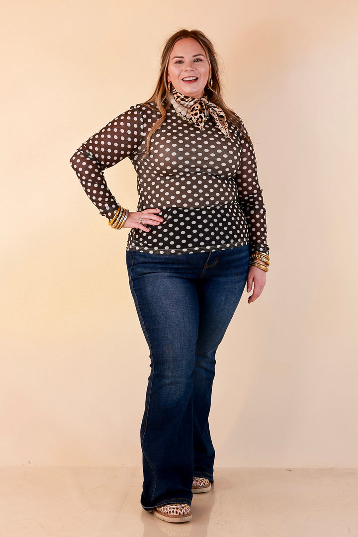 The Perfect Layer White Polka Dot Print Sheer Mesh Long Sleeve Top in Olive Green