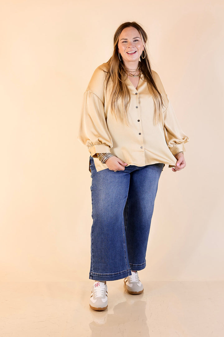 Sweet Notion Button Up 3/4 Balloon Sleeve Top in Gold