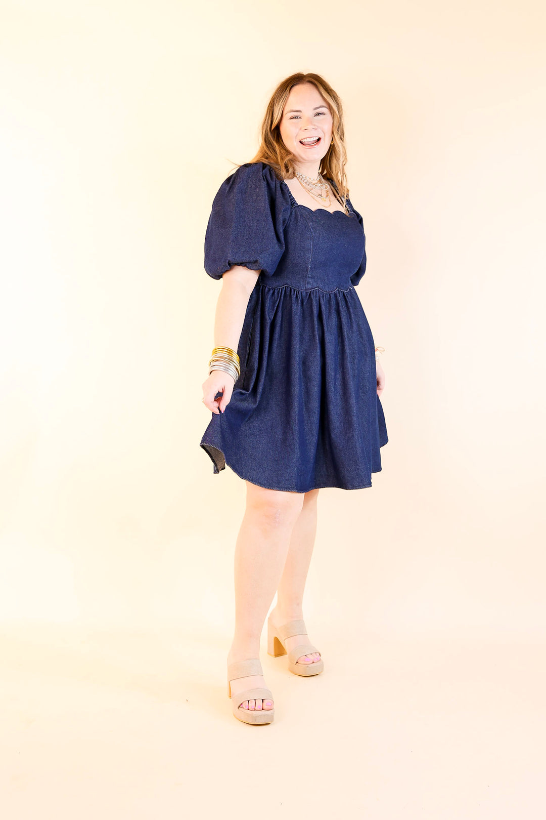 Southern Belle Short Puff Sleeve Denim Dress with Scalloped Square Neckline in Dark Wash