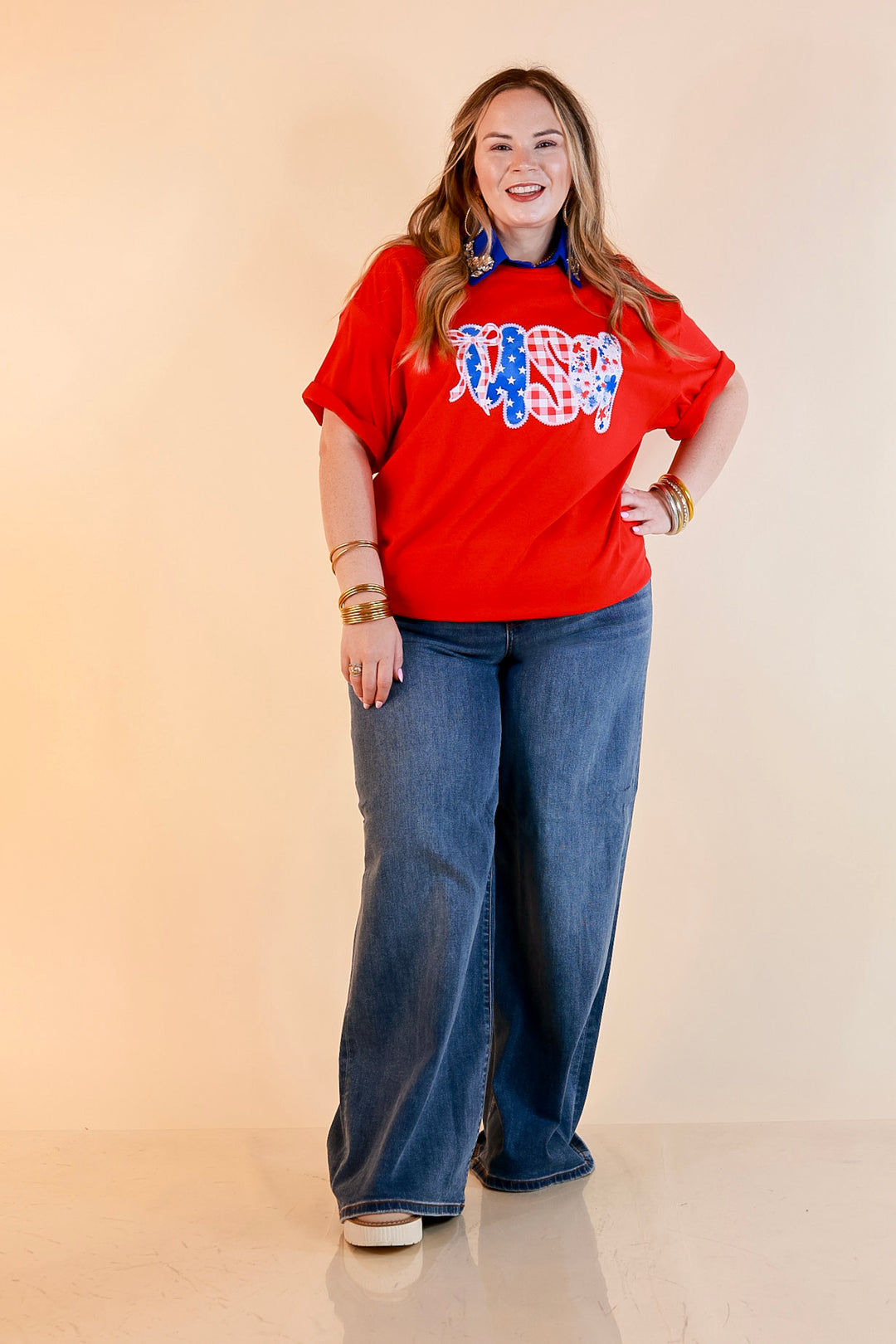 Sweet Land of Style USA Coquette Short Sleeve Graphic Tee with Bow Detailing in Red