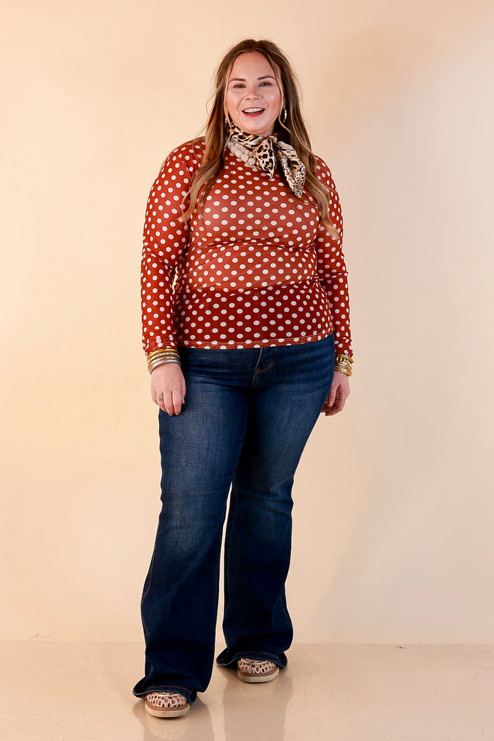 The Perfect Layer White Polka Dot Print Sheer Mesh Long Sleeve Top in Rust Orange