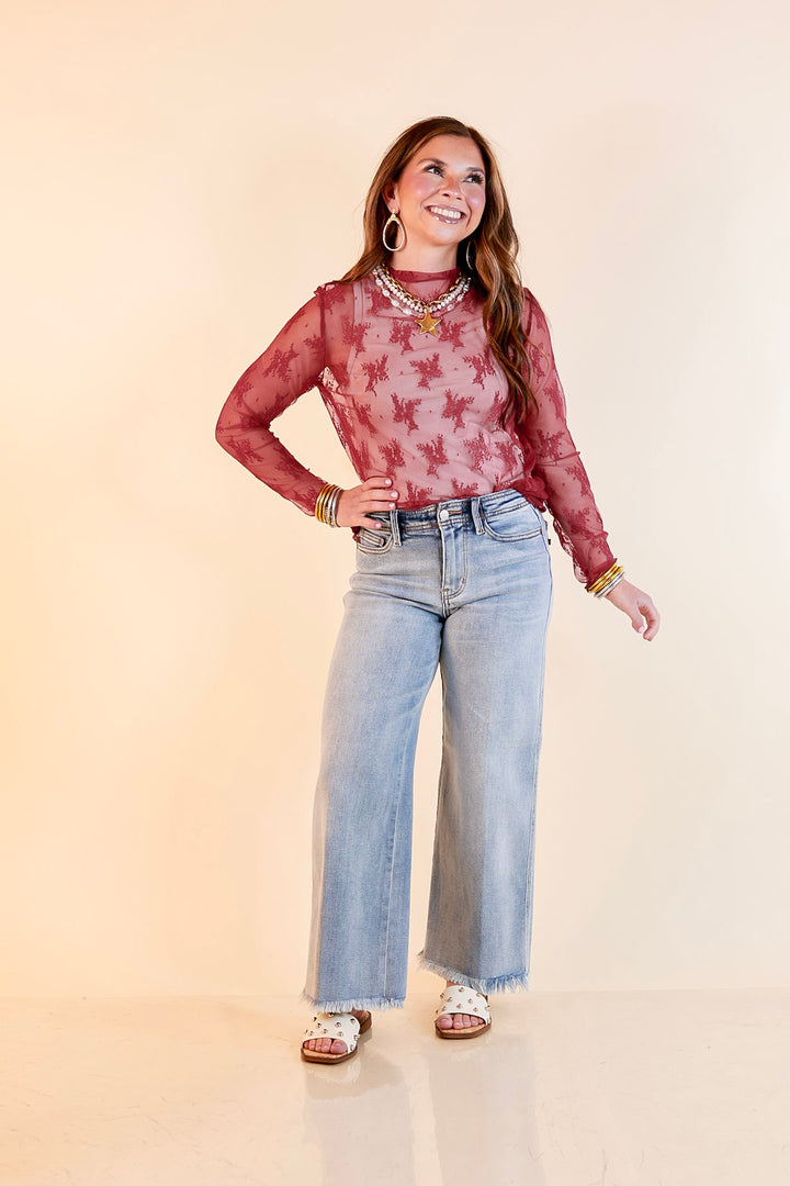 Delicate Charm Long Sleeve Sheer Lace Top with Mock Neck in Maroon