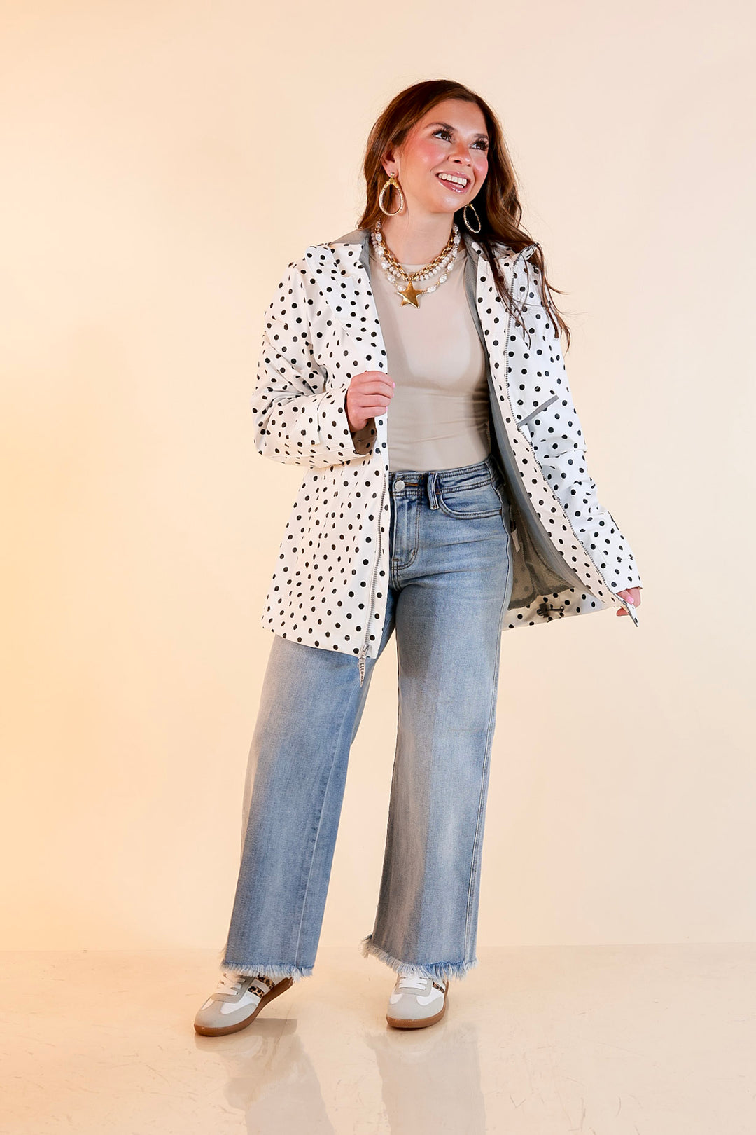 Lulu Mac | Chic Forecast Black Polka Dot Hooded Rain Jacket in Ivory