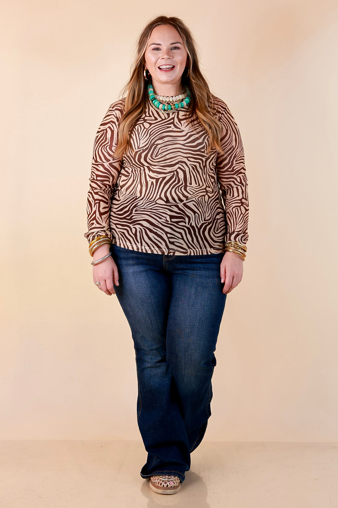The Perfect Layer Zebra Print Sheer Mesh Long Sleeve Top in Chocolate Brown and Ivory
