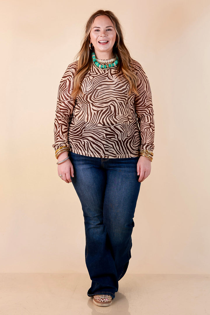 The Perfect Layer Zebra Print Sheer Mesh Long Sleeve Top in Chocolate Brown and Ivory