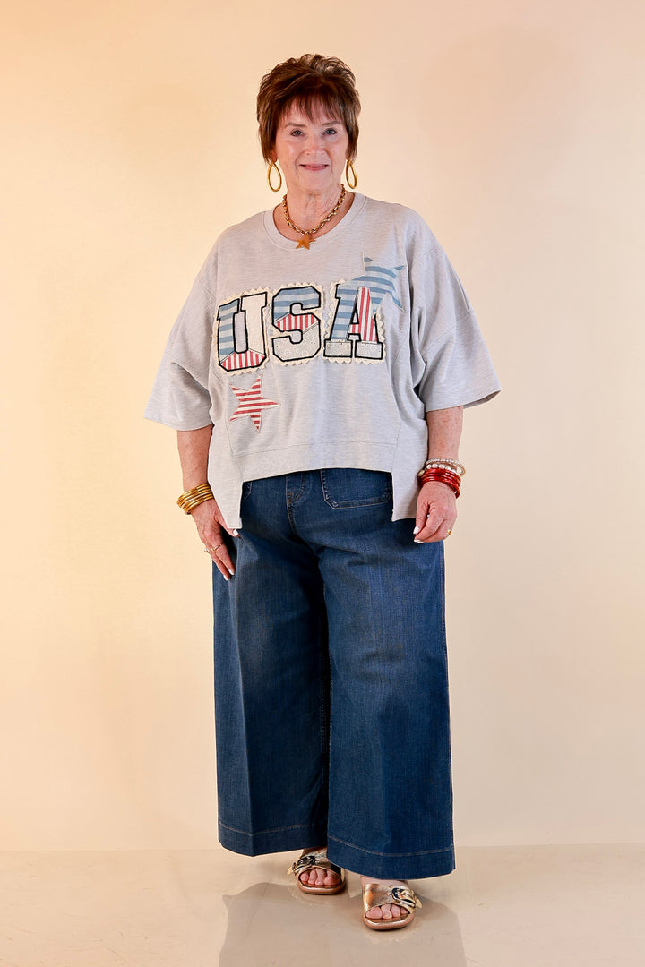 Simply Southern | All American Charm Lace Trim USA Patchwork Split Hem Graphic Tee in Heather Grey