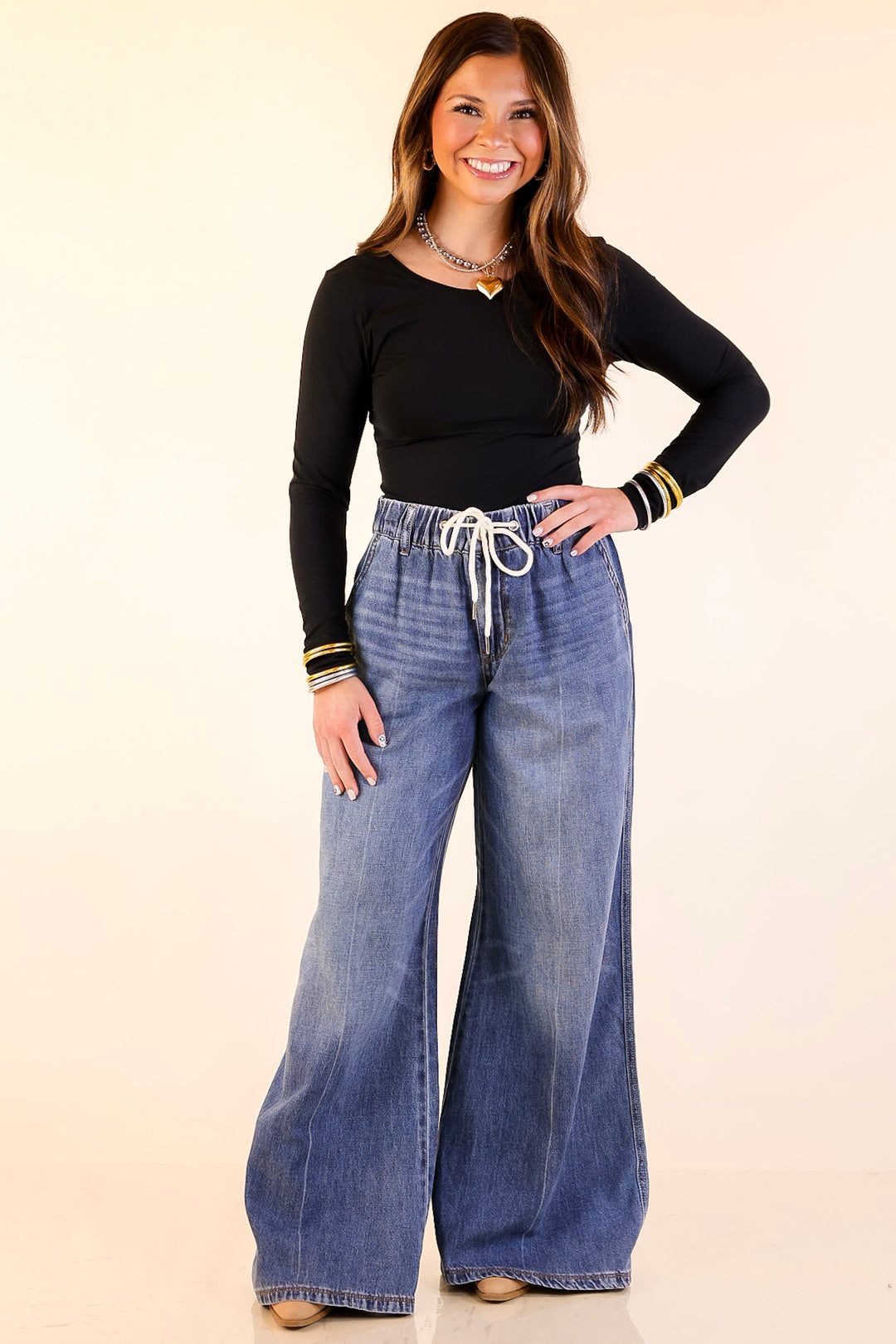 Judy Blue | Made to Move Wide Leg Palazzo Featherweight Elastic Waistband Jeans in Dark Wash