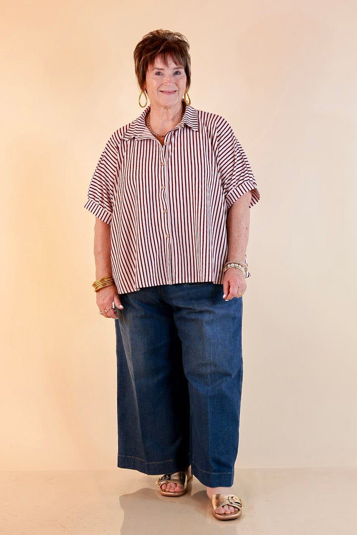 Effortlessly Aligned Button Down Collared Top with Vertical Ivory Stripe Detail in Maroon