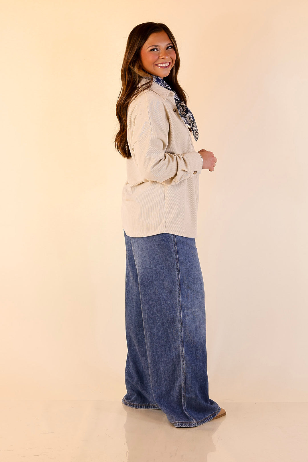 Captivating Cuteness Corduroy Button Up Shacket in Cream