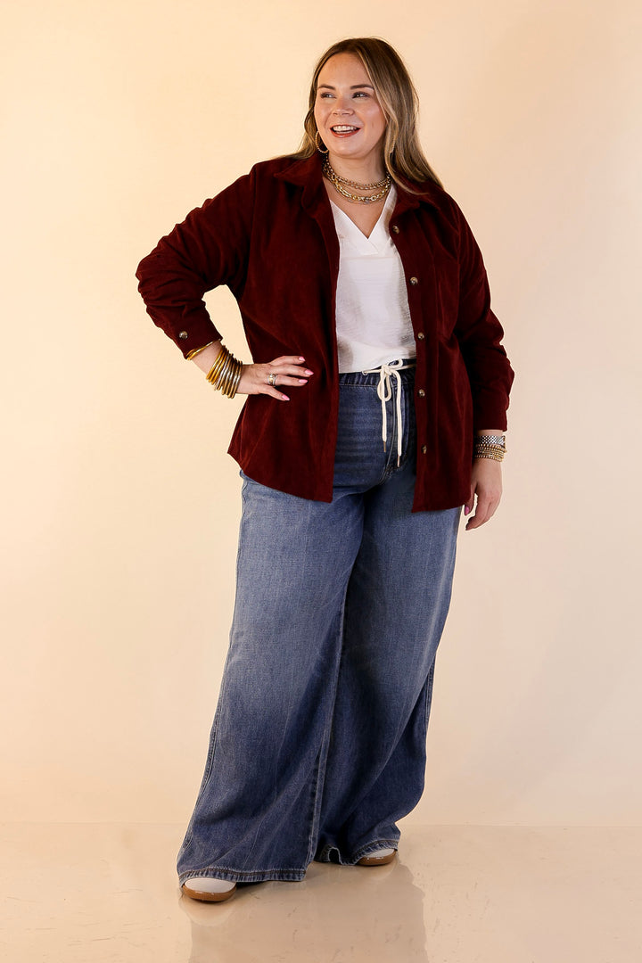 Captivating Cuteness Corduroy Button Up Shacket in Maroon