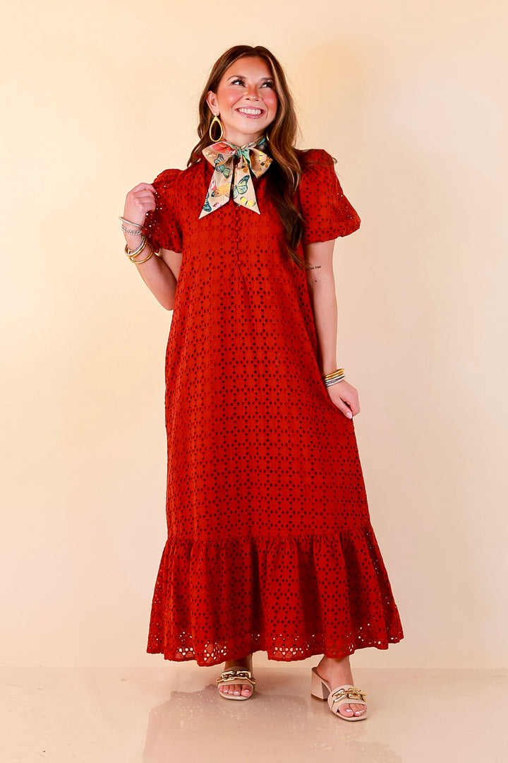Meet Me at Sunset Eyelet Lace Puff Sleeve Tiered Maxi Dress in Rust Red