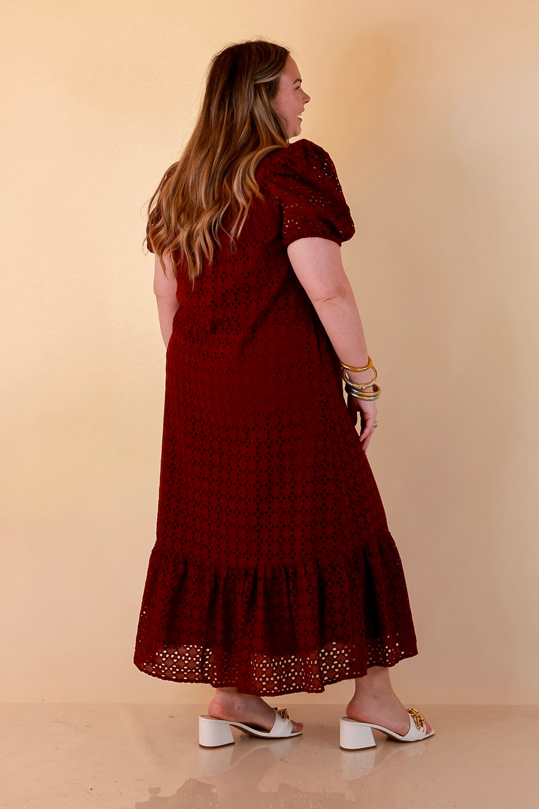 Eyelet Lace Puff Sleeve Tiered Maxi Dress in Maroon – Giddy Up Glamour Boutique