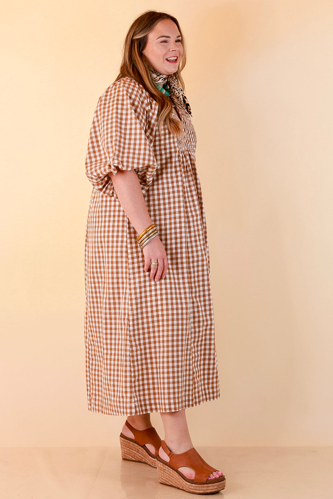All Eyes on You Smocked Yoke Puff Sleeve Gingham Print Maxi Dress in Camel Brown and Ivory