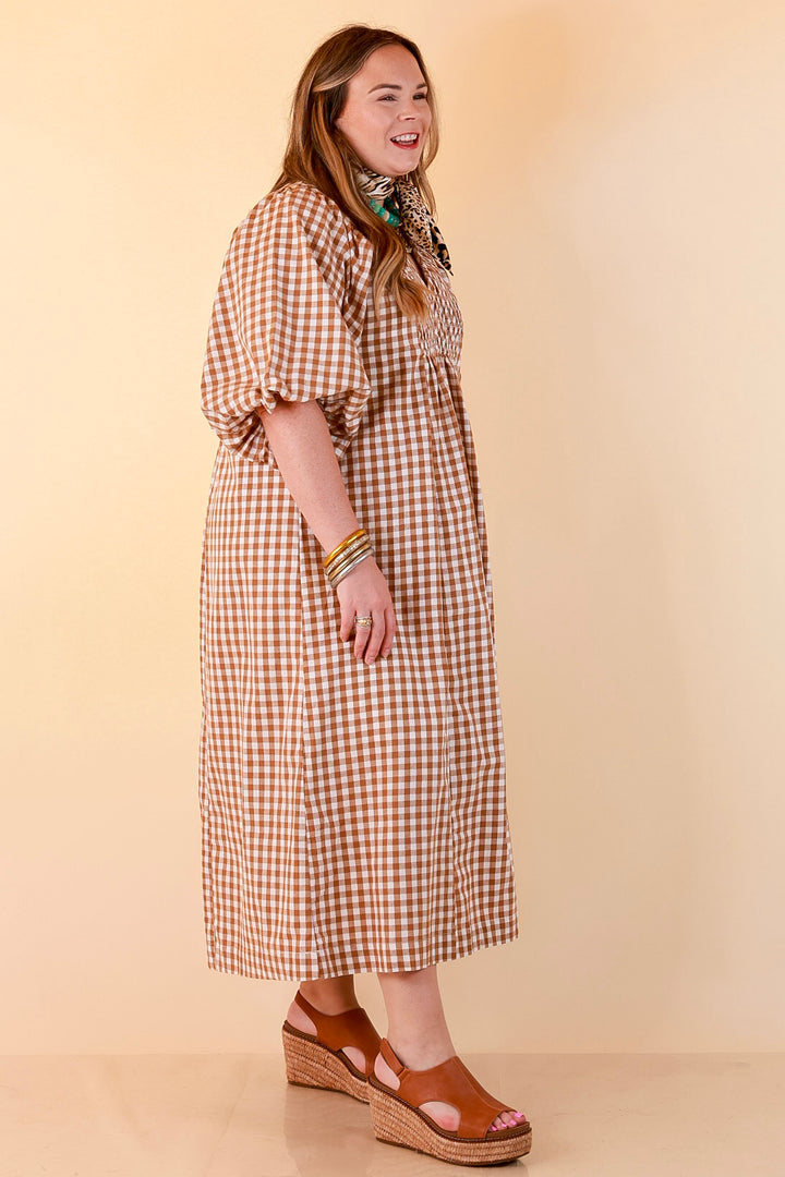 All Eyes on You Smocked Yoke Puff Sleeve Gingham Print Maxi Dress in Camel Brown and Ivory