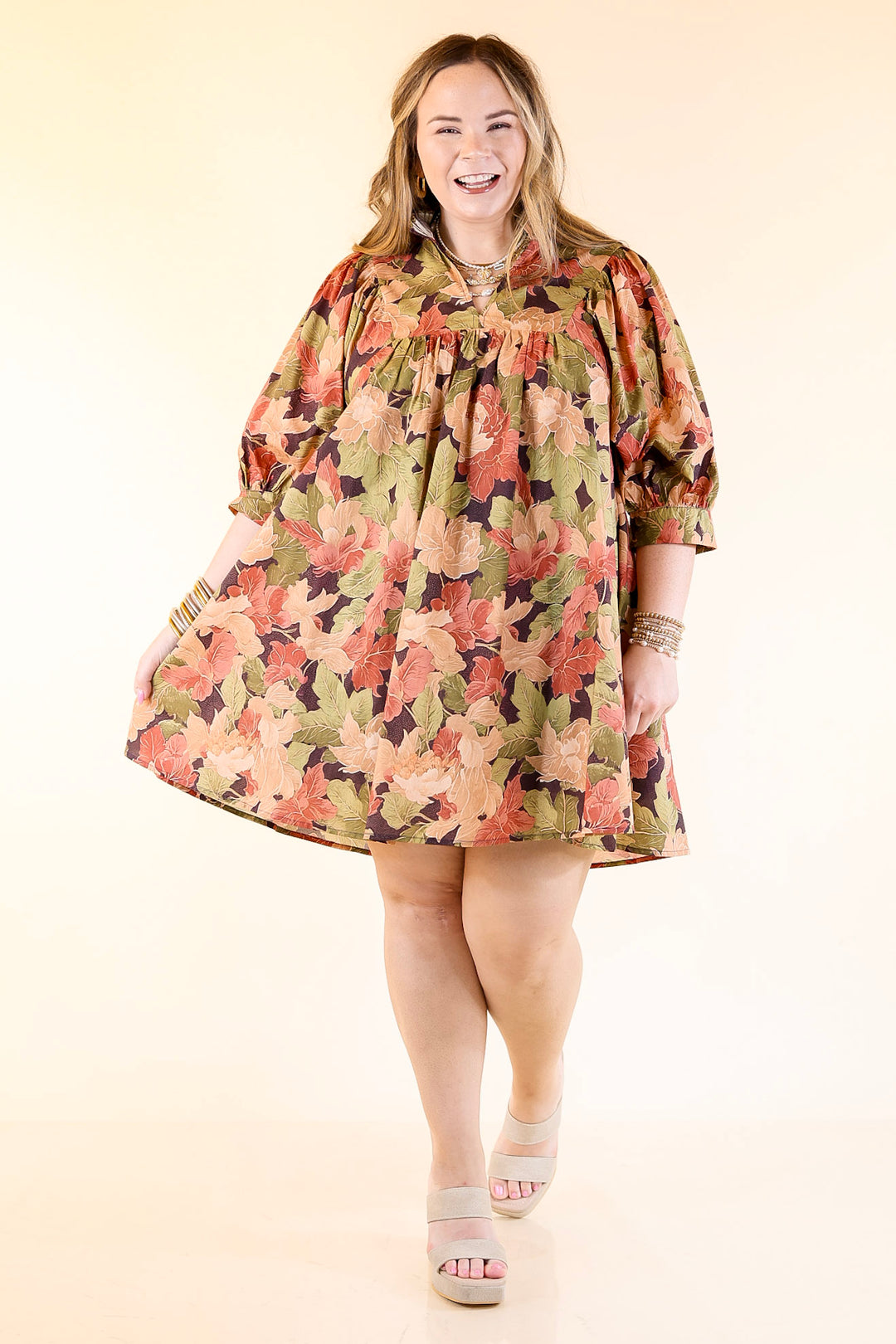Endless Possibilities Floral Babydoll Dress with Puff Sleeves in Beige, Navy and Rust