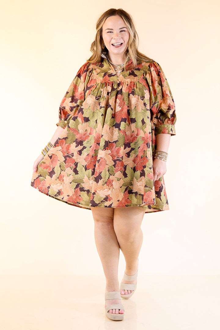 Endless Possibilities Floral Babydoll Dress with Puff Sleeves in Beige, Navy and Rust
