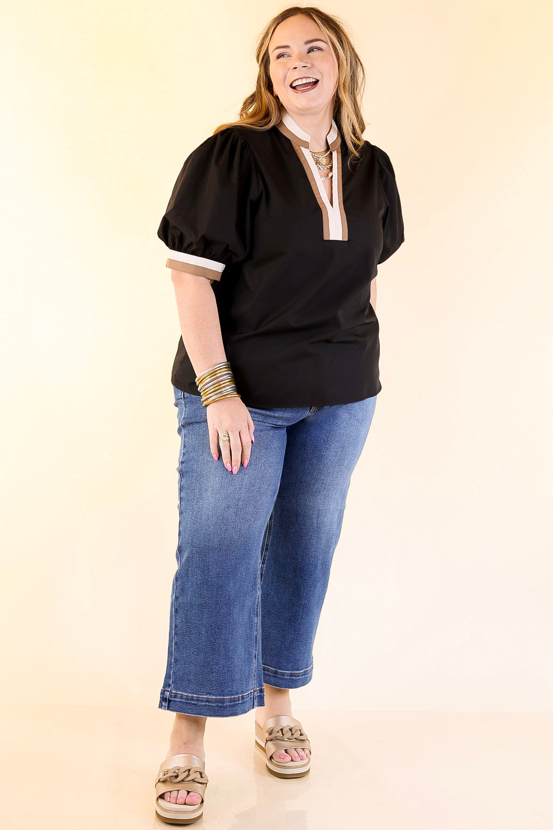 Standout Style V Neck Top with Short Balloon Sleeves and Natural Color Trim in Black