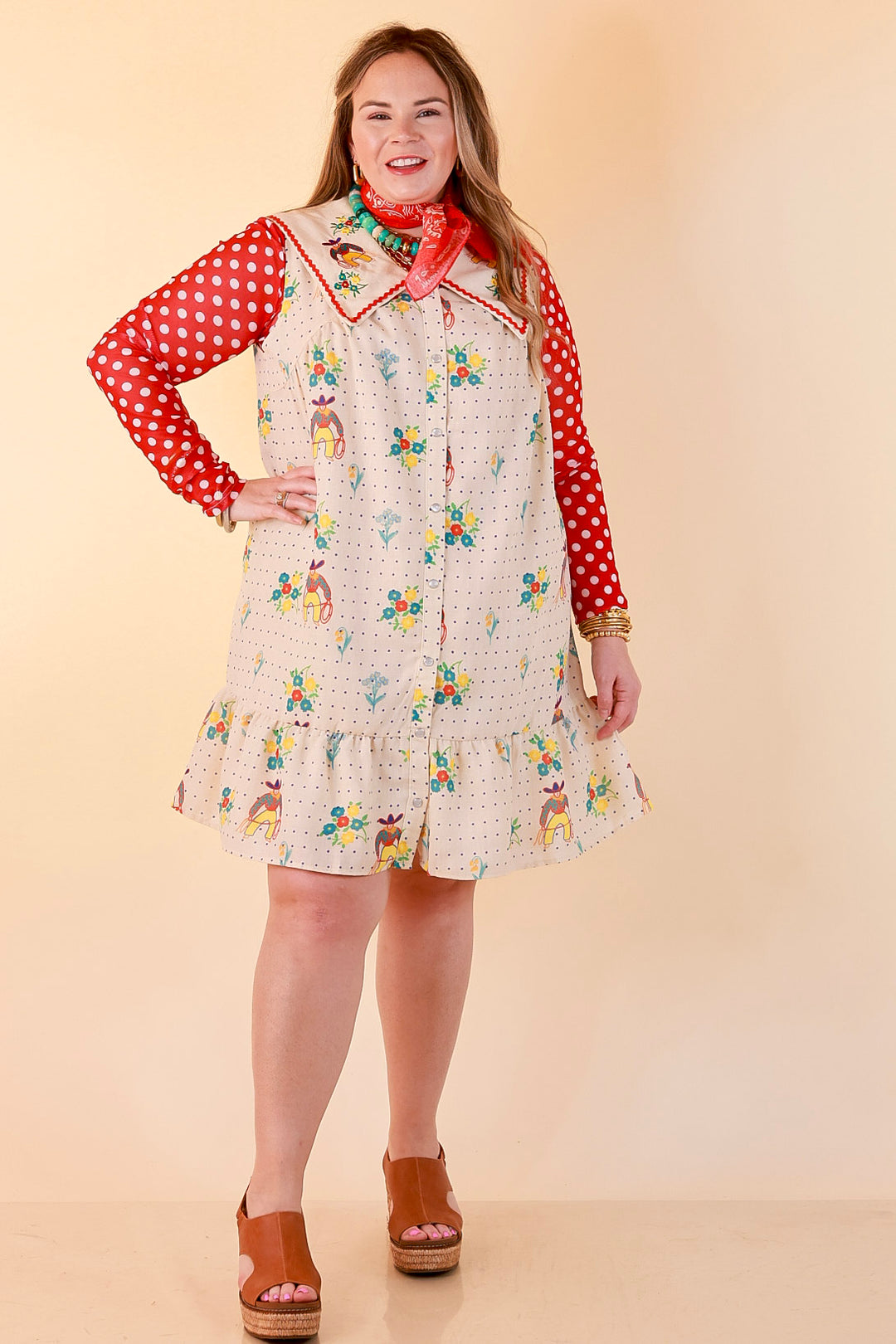 The Showstopper Sleeveless Pearl Snap Cowboy, Floral and Polka Dot Print Ruffle Dress with Sailor Collar and Cowboy Embroidery in Cream