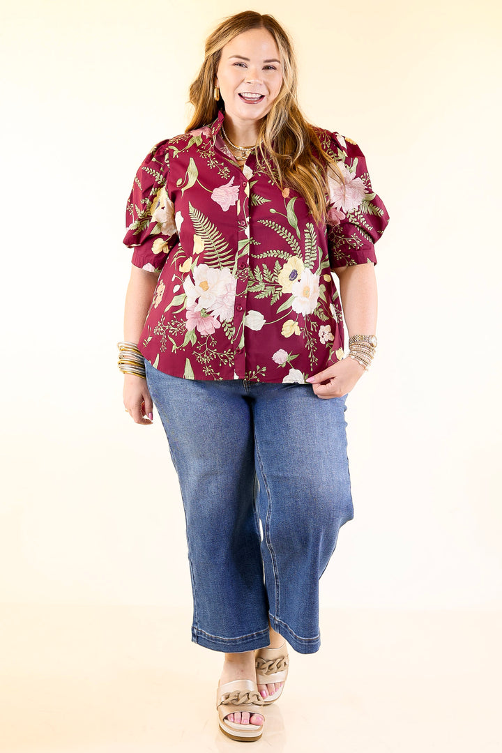 First Glance Button Up Puff Sleeve Floral Print Top in Maroon