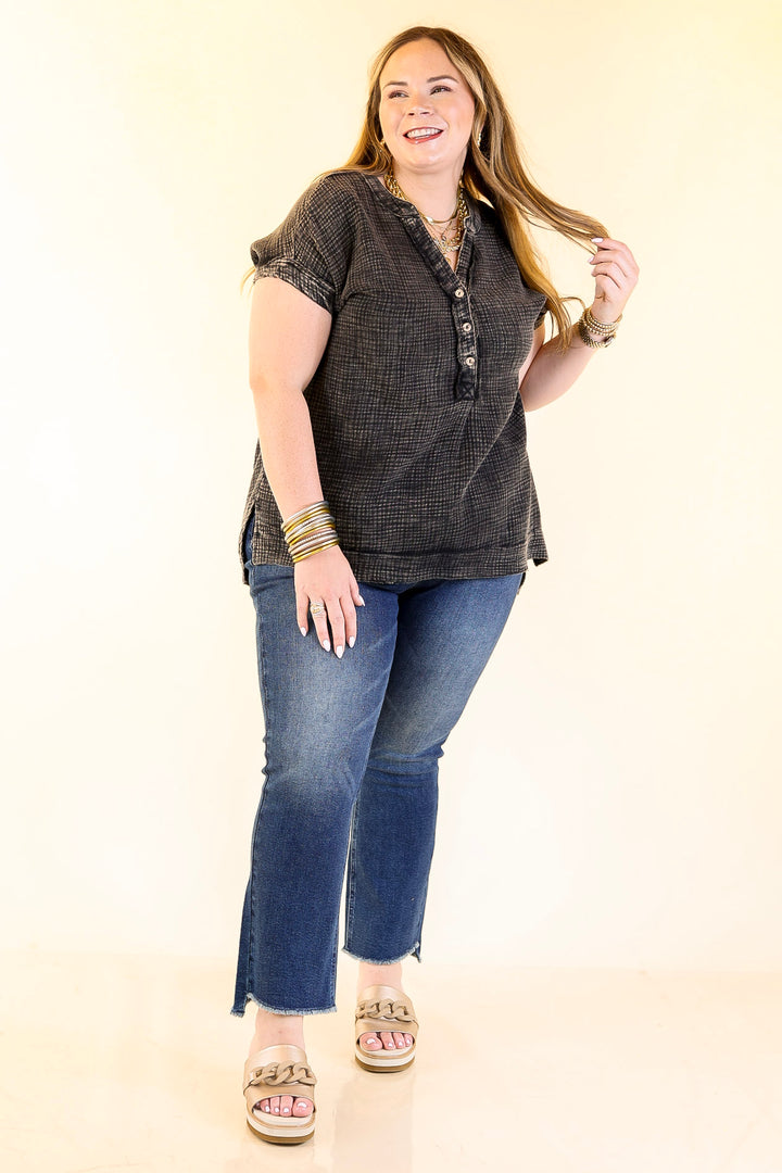 Simple Statement Quarter Button Up Short Drop Sleeve Shirt in Black