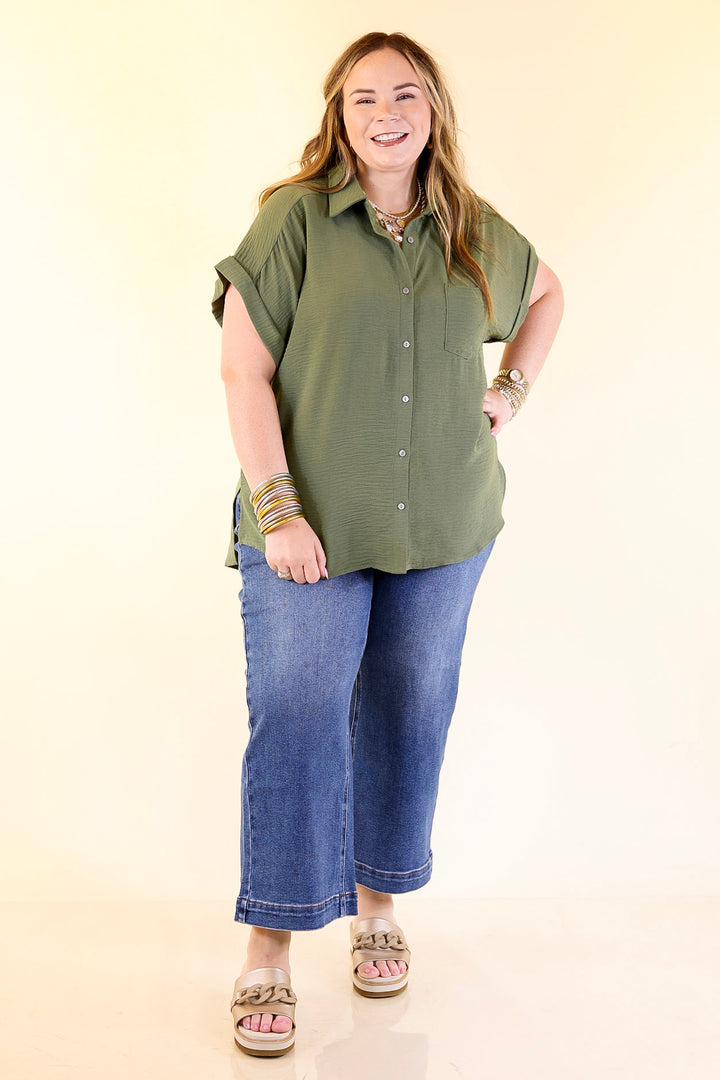 Timeless Appeal Collared Button Up Top in Olive Green