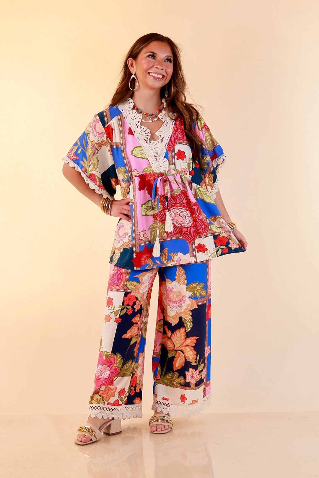 Patchwork Flair Floral Patchwork Print Wide Leg Pants with Lace Trim in Blue Mix