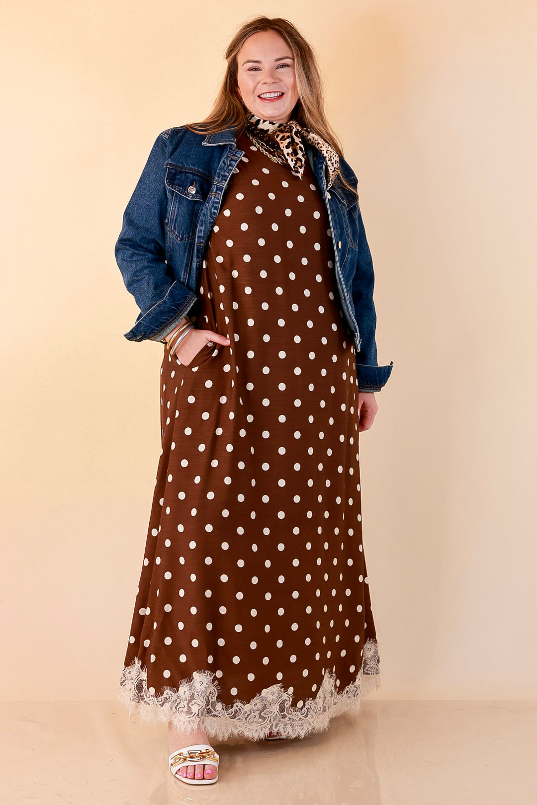 Sweet Little Something Polka Dot Sleeveless Maxi Dress with Lace Trim in Chocolate Brown