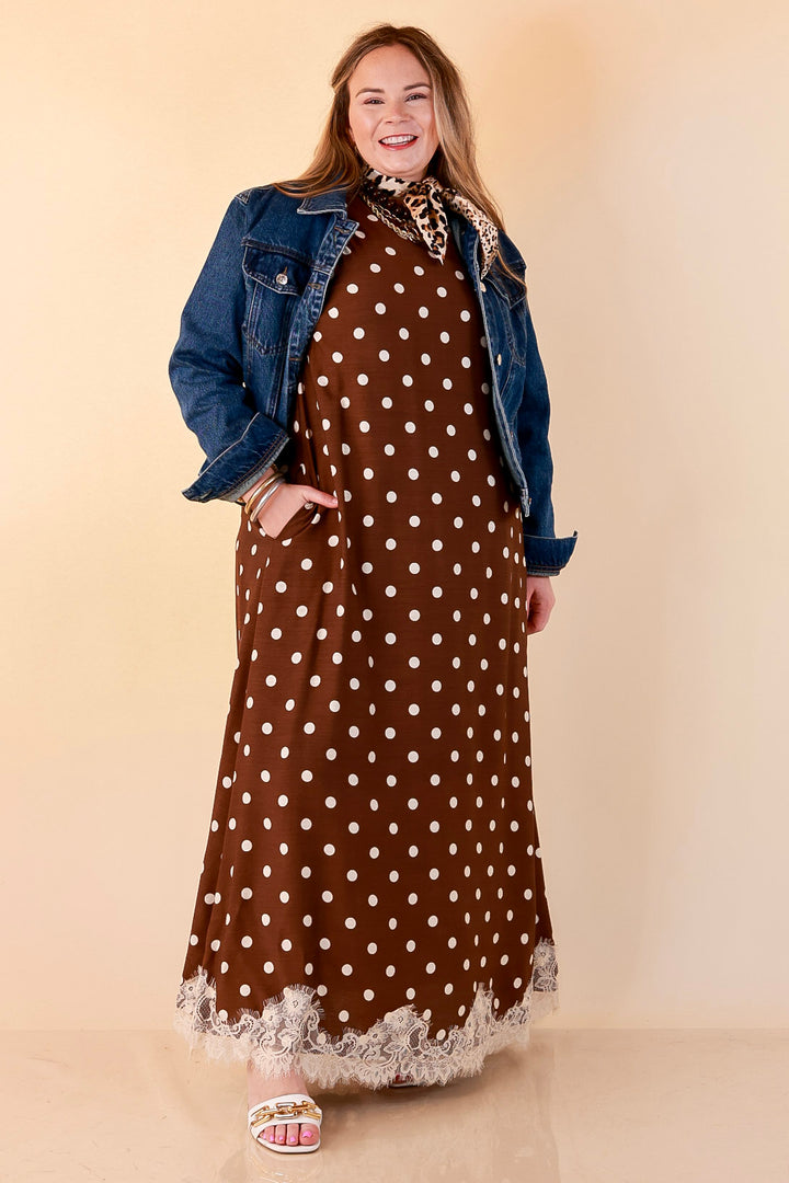 Sweet Little Something Polka Dot Sleeveless Maxi Dress with Lace Trim in Chocolate Brown