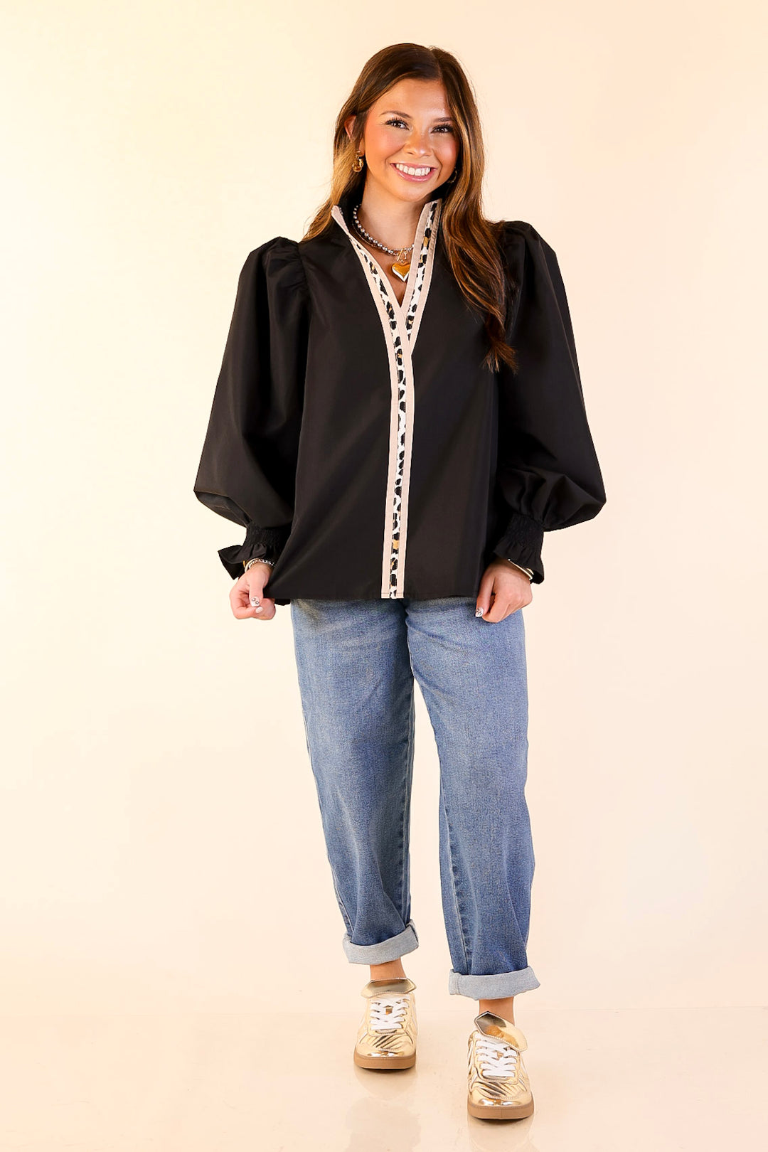 Trimmed in Style Puff Long Sleeve Blouse with Contrast Leopard Trim and Ruffle in Black