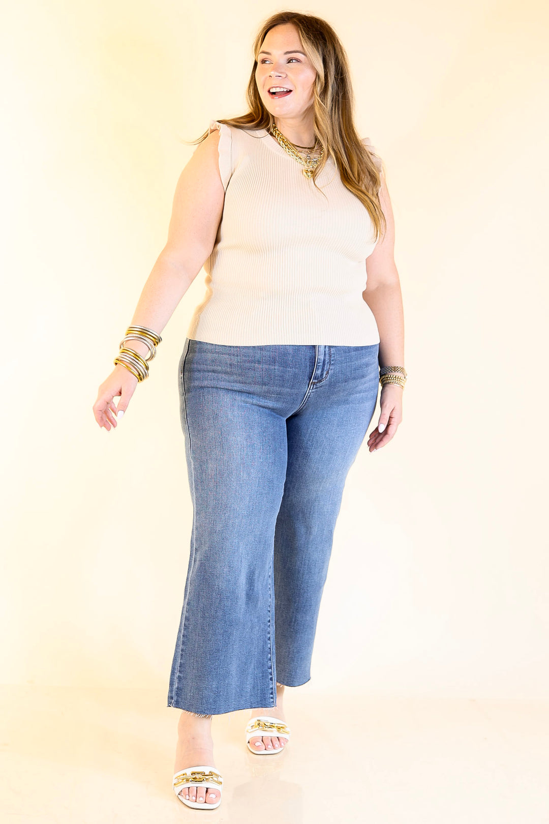 Flirty Frill Scoop Neck Top with Ruffle Sleeves in Ivory