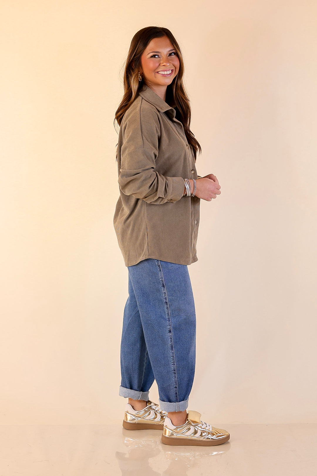 Captivating Cuteness Corduroy Button Up Shacket in Olive Green