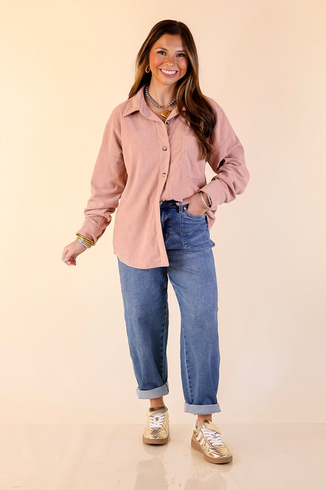 Captivating Cuteness Corduroy Button Up Shacket in Mauve Pink