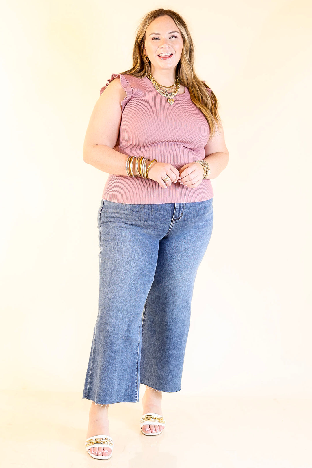 Flirty Frill Scoop Neck Top with Ruffle Sleeves in Mauve Pink