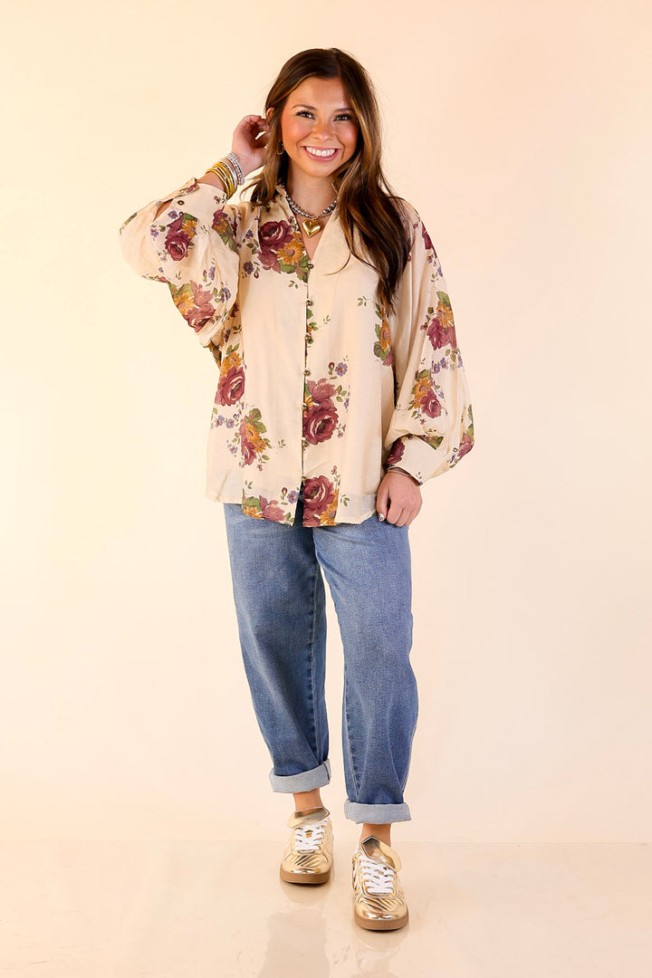 Garden Stroll Floral Long Sleeve Button Down Top in Cream