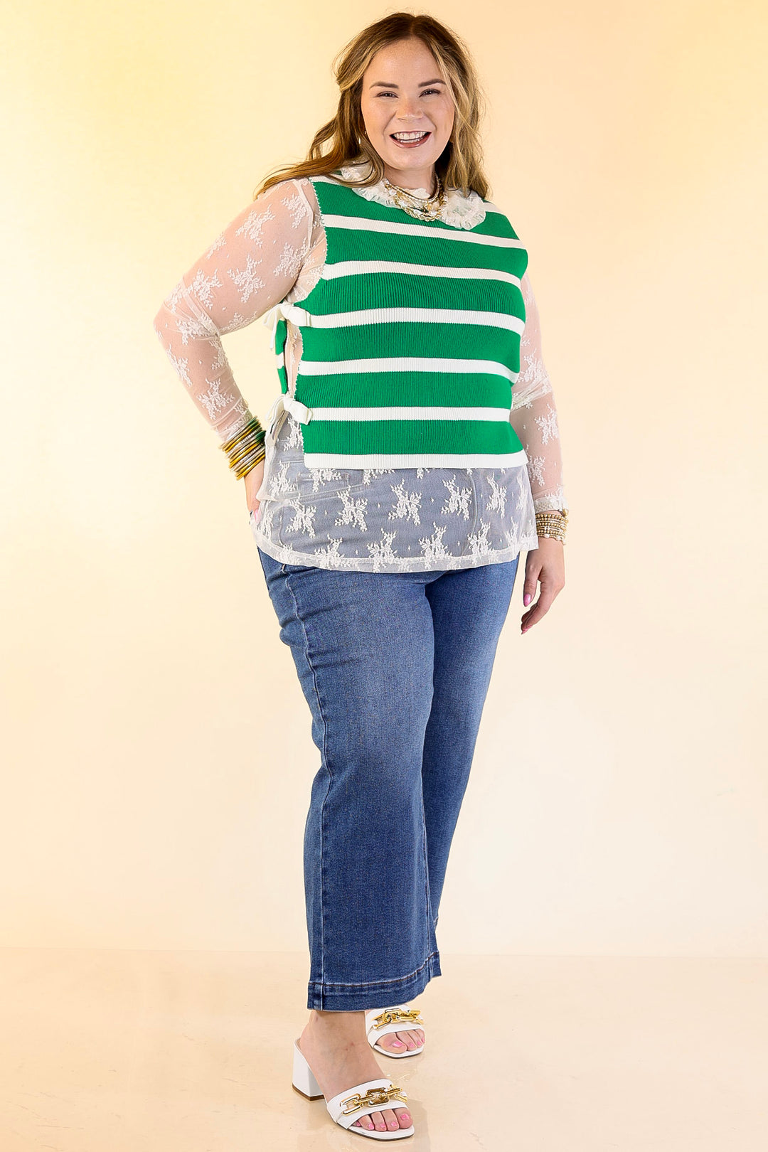 Tied Up in Style Knit Sweater with Side Ties in Kelly Green with Off White Stripes