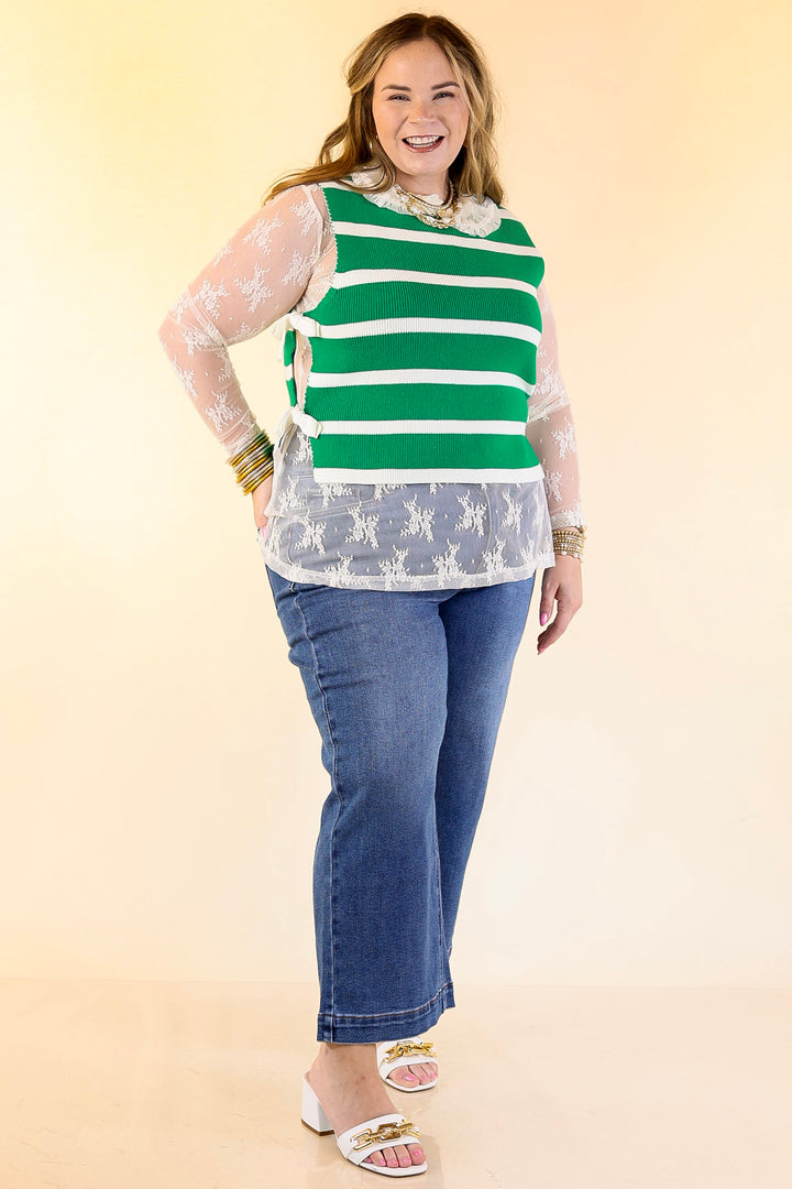 Tied Up in Style Knit Sweater with Side Ties in Kelly Green with Off White Stripes