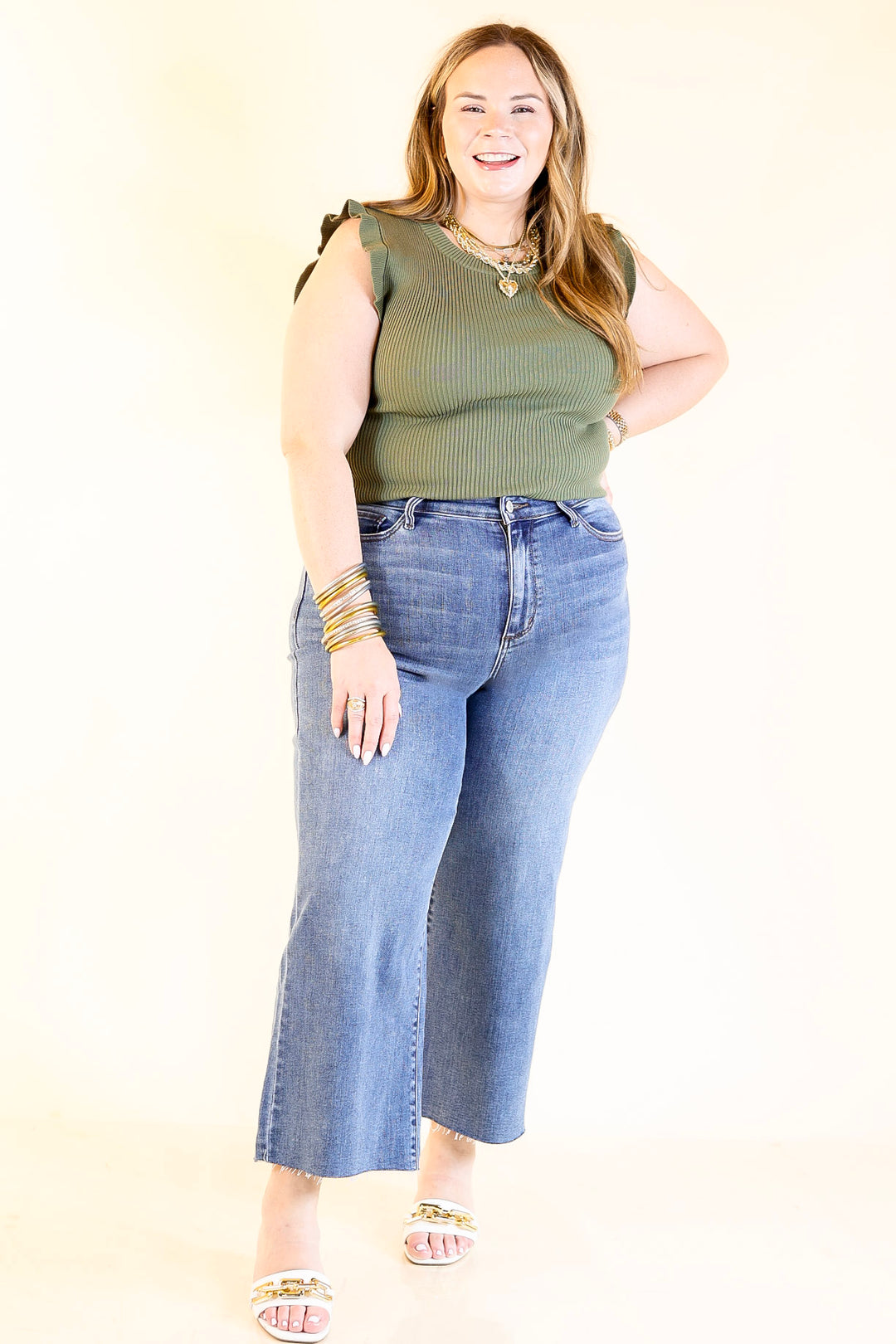 Flirty Frill Scoop Neck Top with Ruffle Sleeves in Olive Green