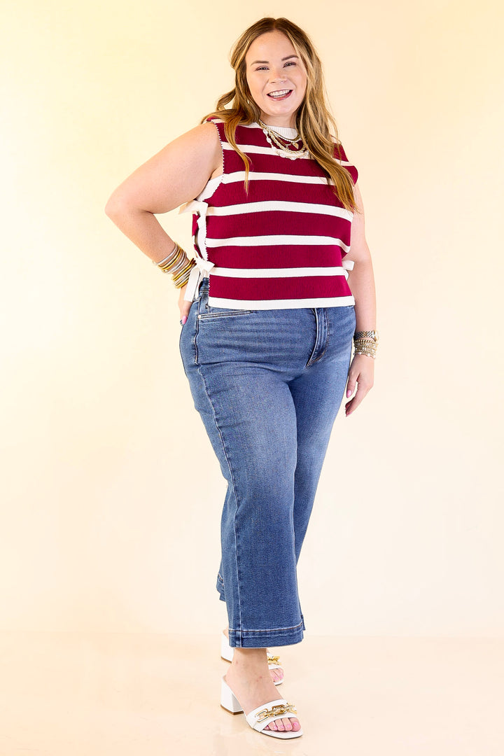 Tied Up in Style Knit Sweater with Side Ties in Maroon with Off White Stripes