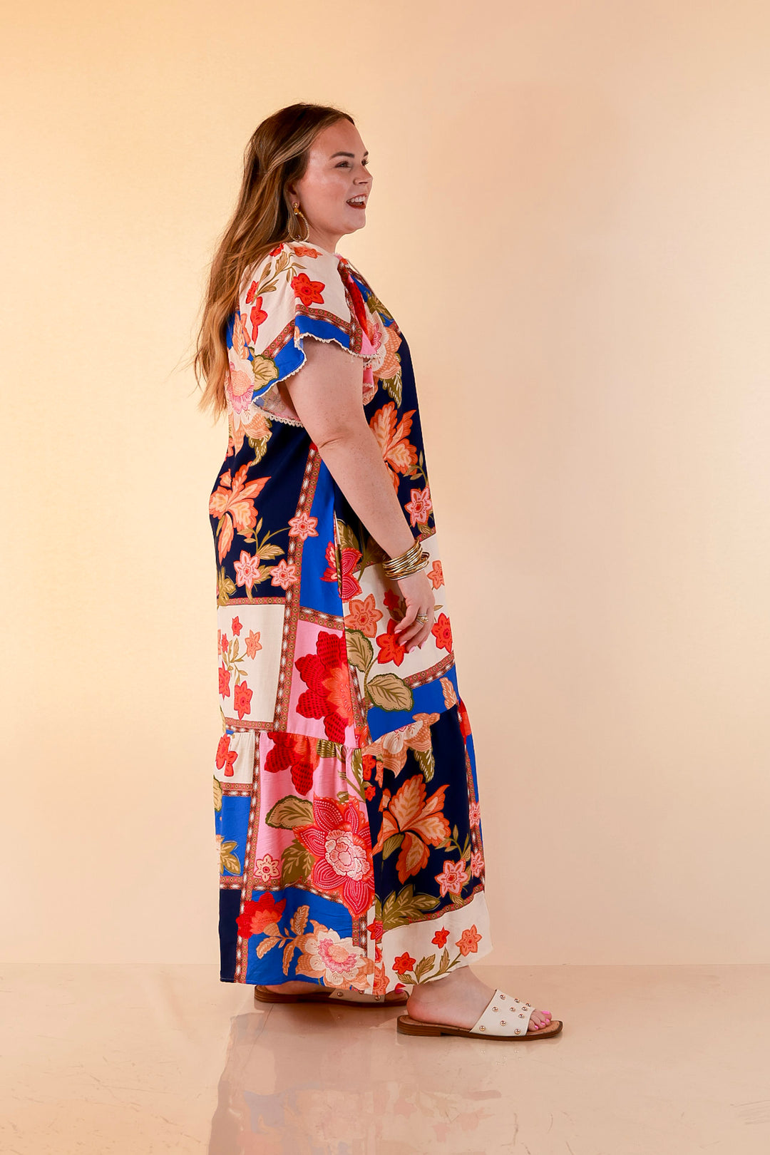 Patchwork Poise Floral Patchwork Print Midi Dress with Tassel Tie Neckline and Flutter Sleeves in Blue Mix
