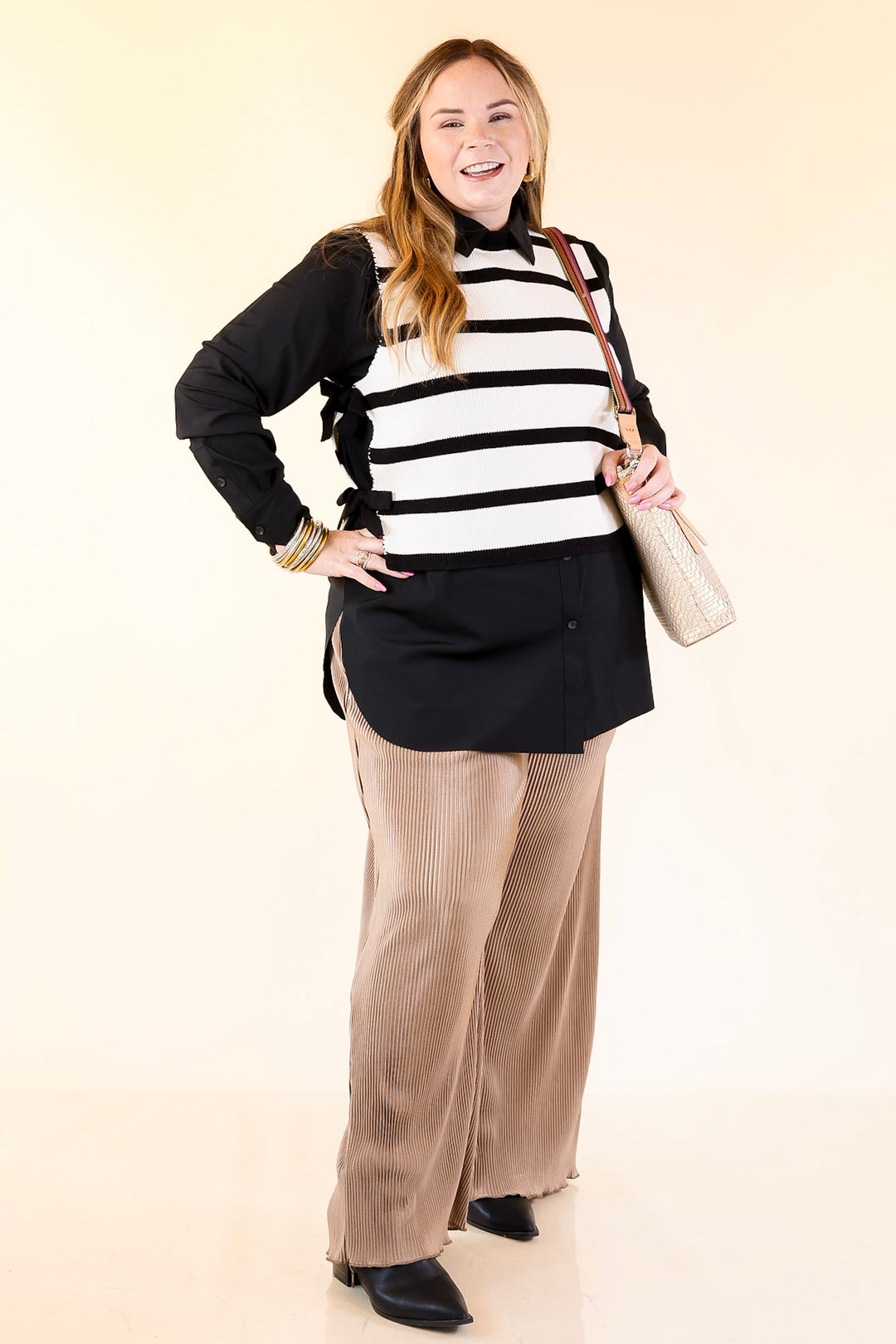 Tied Up in Style Knit Sweater with Side Ties in Off White with Black Stripes
