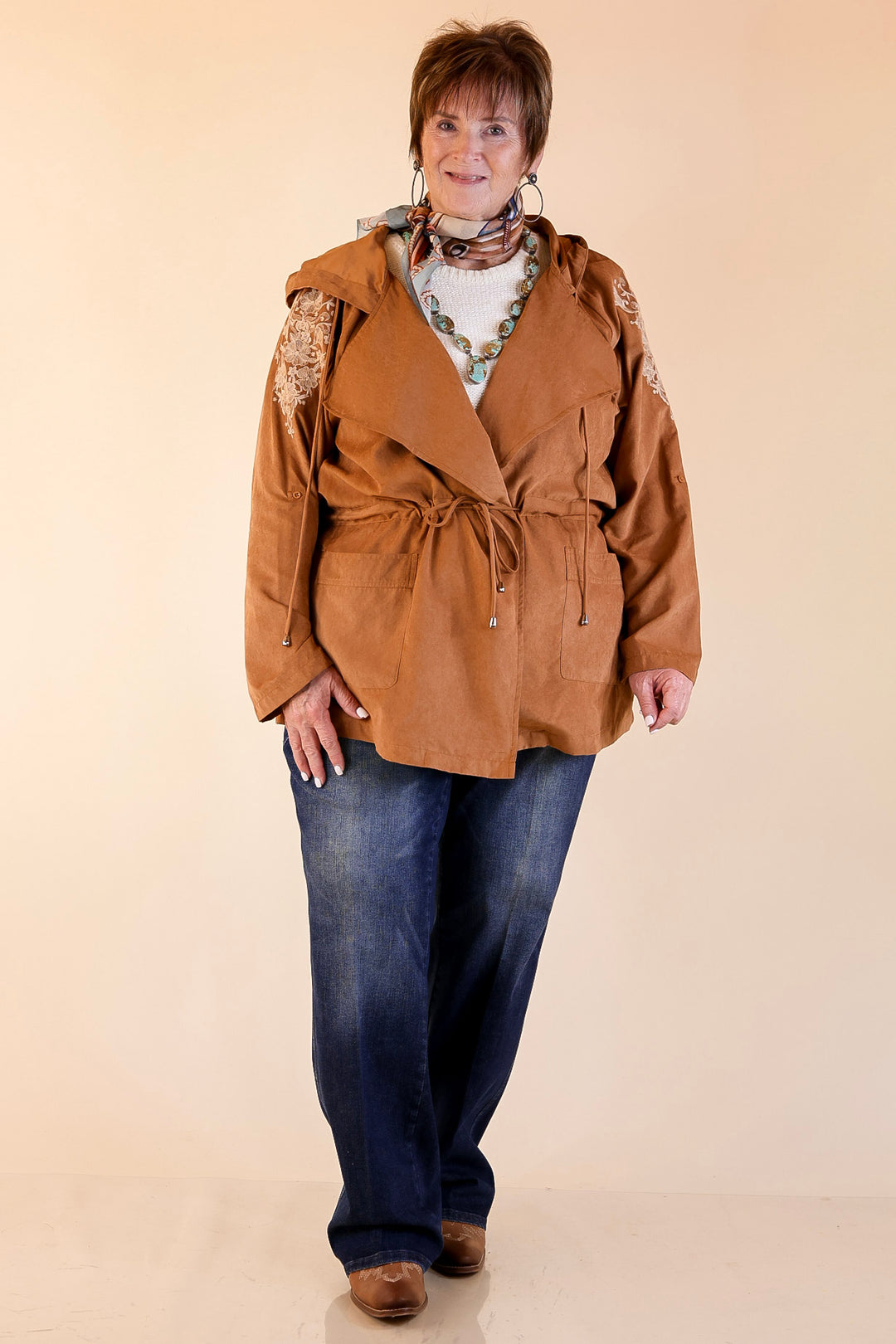 Fill Up Your Cup Embroidered Suede Utility Jacket in Tan