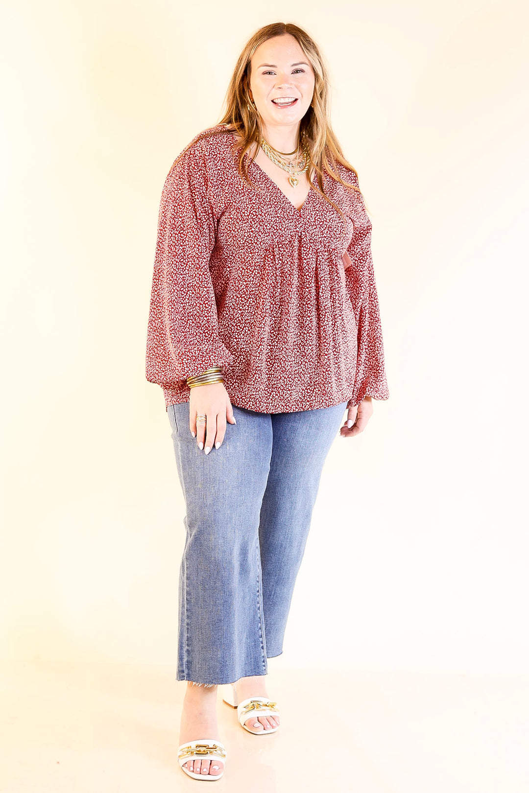 Really Dreamy Small Leopard Print Babydoll Top with Long Sleeves in Burgundy Red