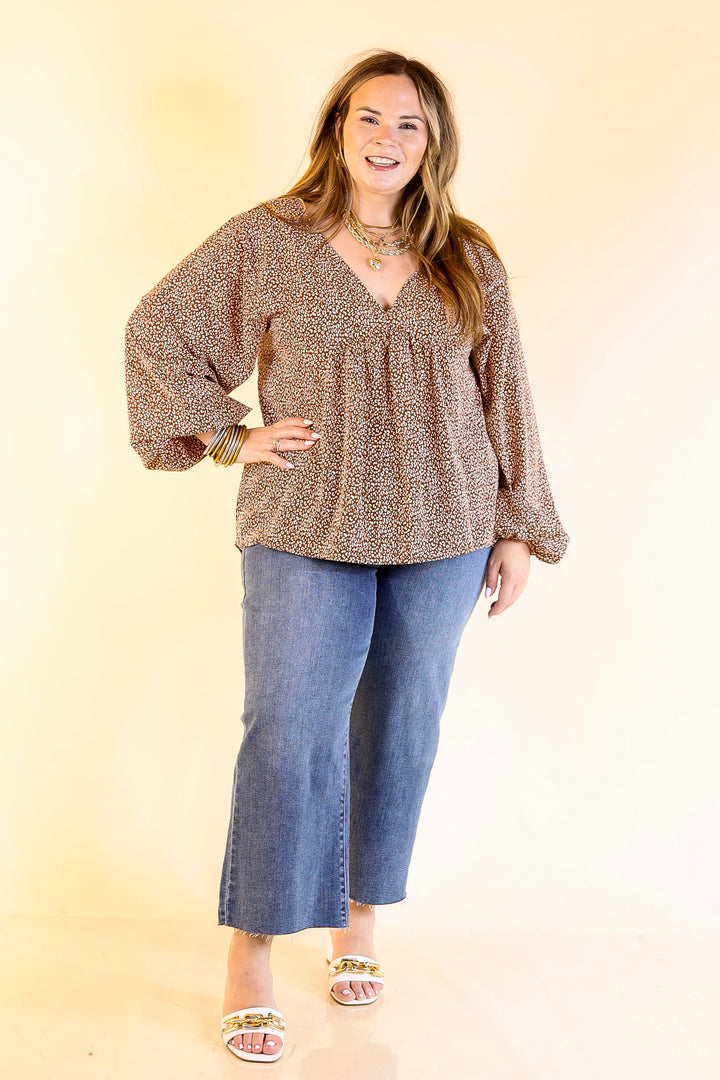 Really Dreamy Small Leopard Print Babydoll Top with Long Sleeves in Brown