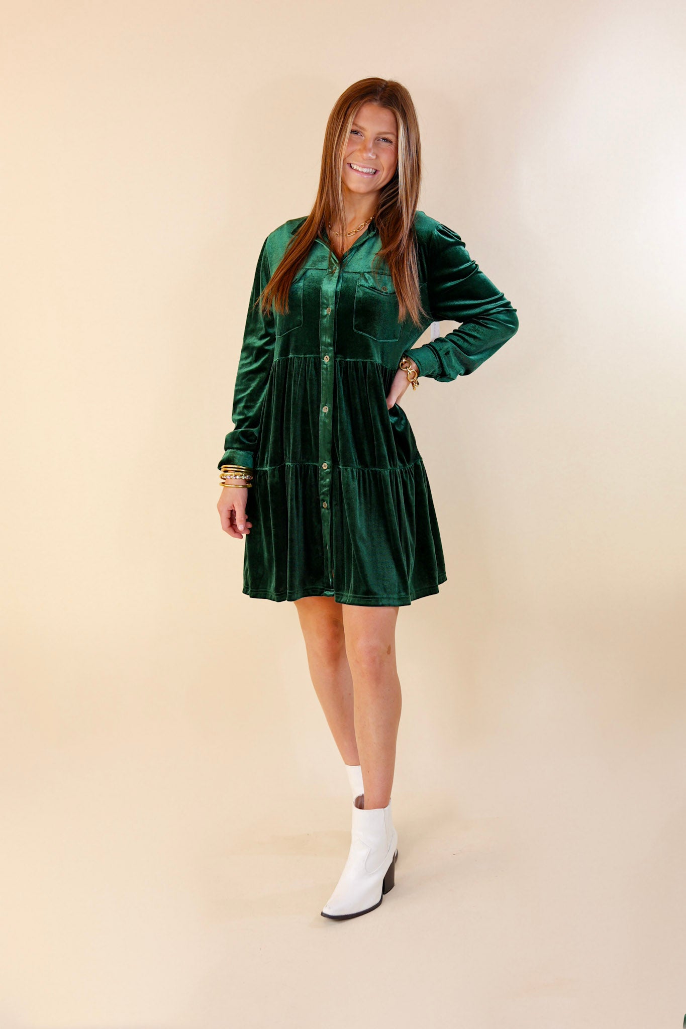 Green Velvet Babydoll Dress with long Sleeves