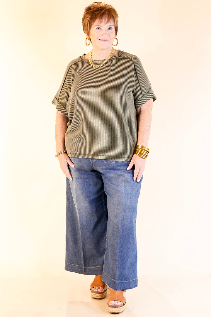 Daily Perfection Scoop Neck Short Sleeve Ribbed Top in Olive Green