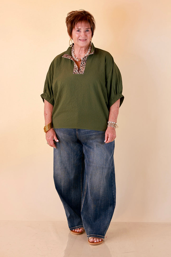 Naturally Chic Textured Poncho Top with Leopard Trim Details and Dolman Sleeves in Olive Green