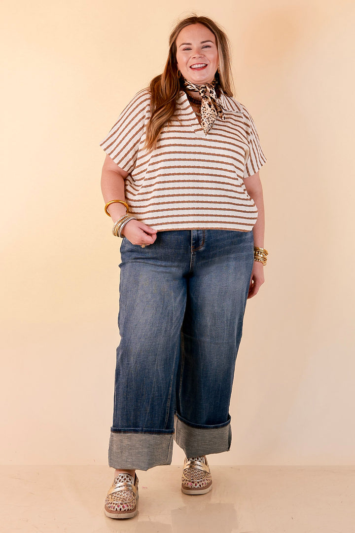 Simply Said Striped Drop Shoulder Collared Cropped Top in Ivory with Camel Brown Stripes