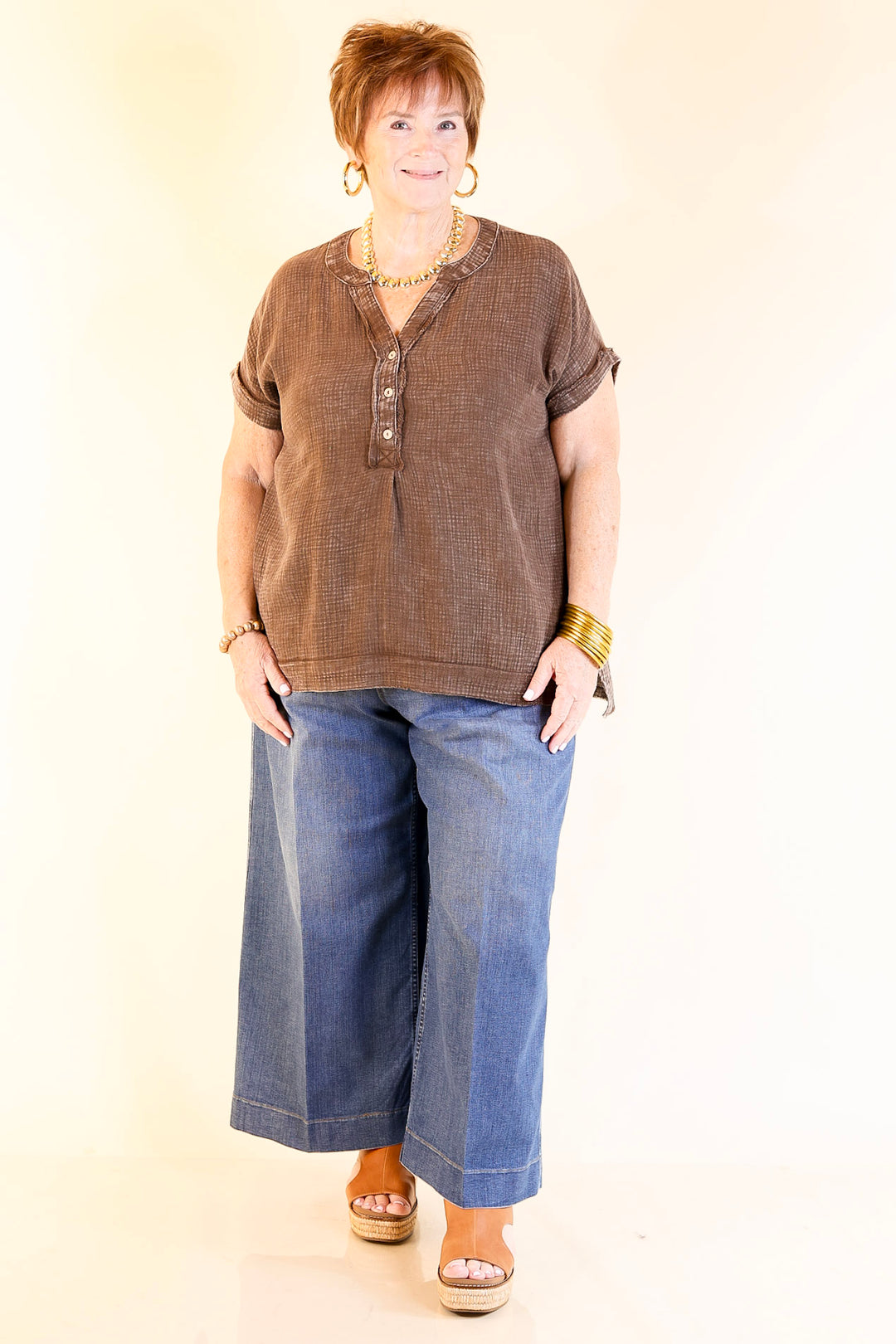 Simple Statement Quarter Button Up Short Drop Sleeve Shirt in Brown